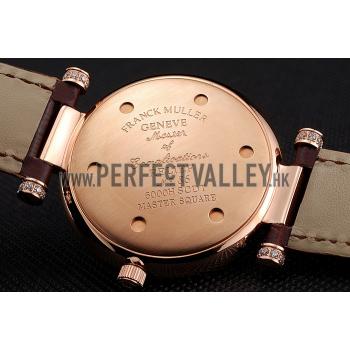 Franck Muller Double Mistery Ronde Black Dial Rose Gold Case Brown Leather Strap