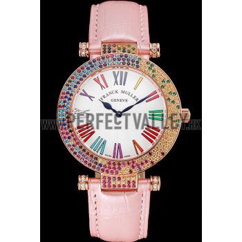 Cheap Franck Muller Double Mistery 4 Saisons White Dial Rose Gold Case Light Pink Leather Strap