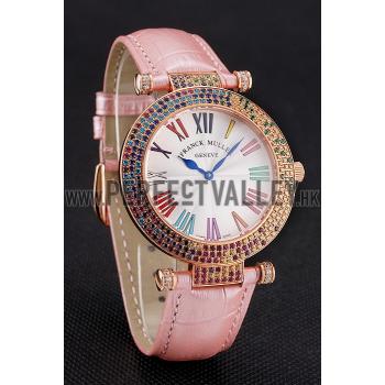 Cheap Franck Muller Double Mistery 4 Saisons White Dial Rose Gold Case Light Pink Leather Strap