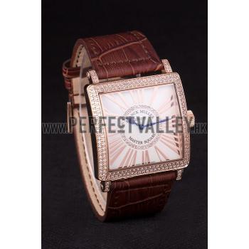 Franck Muller Master Square Diamond Encrusted Rose Gold Bezel Brown Croco Bracelet 80283