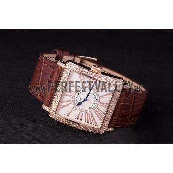 Franck Muller Master Square Diamond Encrusted Rose Gold Bezel Brown Croco Bracelet 80283