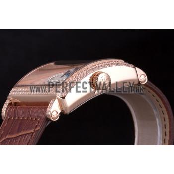 Franck Muller Master Square Diamond Encrusted Rose Gold Bezel Brown Croco Bracelet 80283