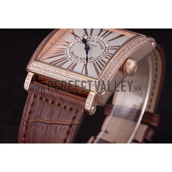 Franck Muller Master Square Diamond Encrusted Rose Gold Bezel Brown Croco Bracelet 80283