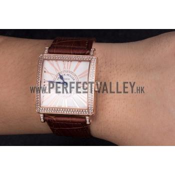 Franck Muller Master Square Diamond Encrusted Rose Gold Bezel Brown Croco Bracelet 80283