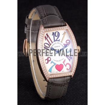 Franck Muller Heart Diamond Gold Bezel Grey Leather Band  621591