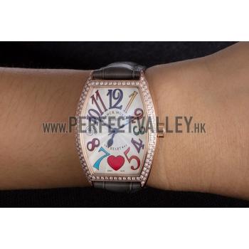 Franck Muller Heart Diamond Gold Bezel Grey Leather Band  621591