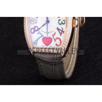 Franck Muller Heart Diamond Gold Bezel Grey Leather Band  621591