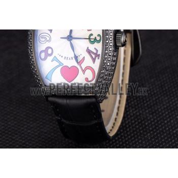 Cheap Franck Muller Heart Diamond Silver Bezel Black Leather Band  621595