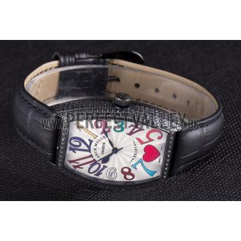 Cheap Franck Muller Heart Diamond Silver Bezel Black Leather Band  621595