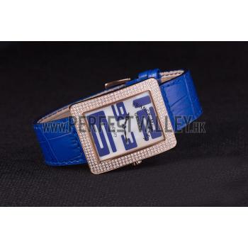 Franck Muller Infinity Diamond Encrusted Rose Gold Bezel Blue Croco Bracelet 80277