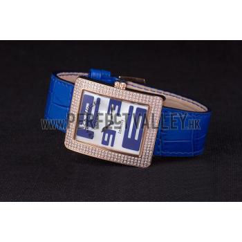 Franck Muller Infinity Diamond Encrusted Rose Gold Bezel Blue Croco Bracelet 80277