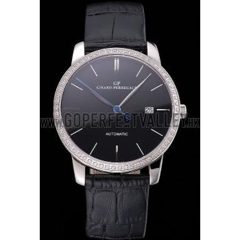 Swiss Girard-Perregaux 1966 Black Dial Silver Diamond Case Black Leather Strap