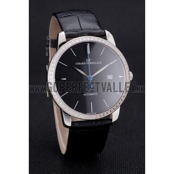 Swiss Girard-Perregaux 1966 Black Dial Silver Diamond Case Black Leather Strap