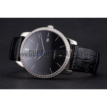 Swiss Girard-Perregaux 1966 Black Dial Silver Diamond Case Black Leather Strap