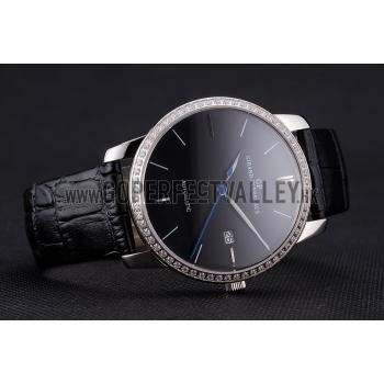 Swiss Girard-Perregaux 1966 Black Dial Silver Diamond Case Black Leather Strap