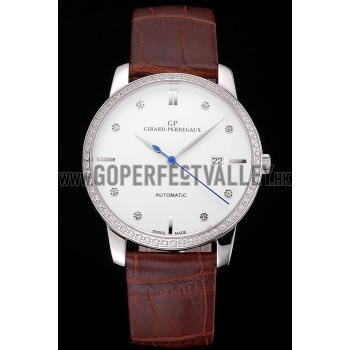 Cheap Swiss Girard-Perregaux 1966 White Dial Silver Diamond Case Brown Leather Strap