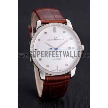 Cheap Swiss Girard-Perregaux 1966 White Dial Silver Diamond Case Brown Leather Strap