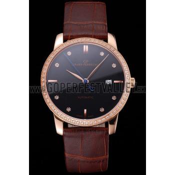 Cheap Swiss Girard-Perregaux 1966 Black Dial Gold Diamond Case Brown Leather Strap