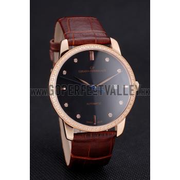 Cheap Swiss Girard-Perregaux 1966 Black Dial Gold Diamond Case Brown Leather Strap