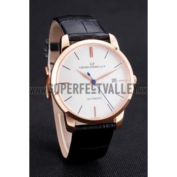 Swiss Girard-Perregaux 1966 White Dial Gold Case Black Leather Strap