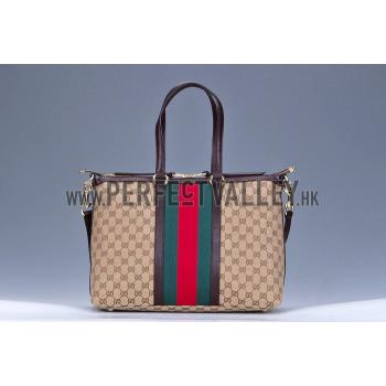 Gucci Rania Web GG Canvas with Brown Leather Trim  Handle Tote