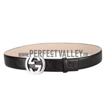 Guccissima Black Leather Belt with Interlocking G Buckle Replica