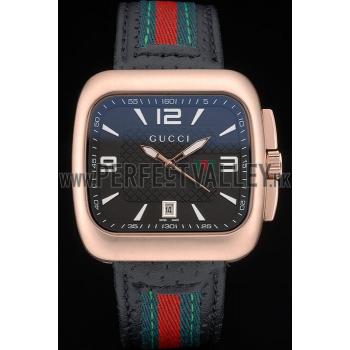 Gucci Black Leather Strap Rose Gold Bezel Black Dial 80222