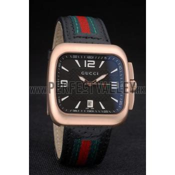 Gucci Black Leather Strap Rose Gold Bezel Black Dial 80222