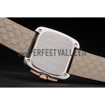 Gucci Black Leather Strap Rose Gold Bezel Black Dial 80222