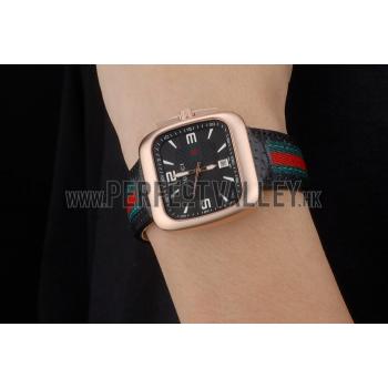 Gucci Black Leather Strap Rose Gold Bezel Black Dial 80222