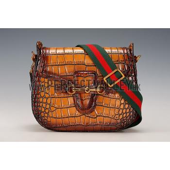 Gucci Lady Web Medium Shoulder Bag Crocodile Leather Brown