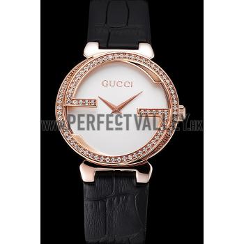 Gucci Interlocking Rose Gold Bezel with Diamonds and Black Leather Band  621514 Replica