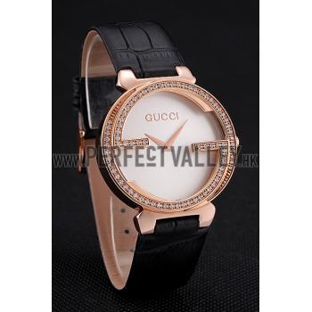 Gucci Interlocking Rose Gold Bezel with Diamonds and Black Leather Band  621514 Replica