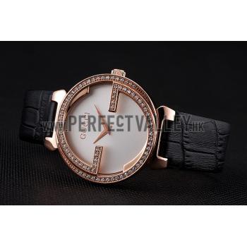 Gucci Interlocking Rose Gold Bezel with Diamonds and Black Leather Band  621514 Replica