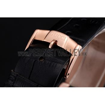 Gucci Interlocking Rose Gold Bezel with Diamonds and Black Leather Band  621514 Replica