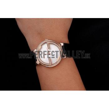 Gucci Interlocking Rose Gold Bezel with Diamonds and Black Leather Band  621514 Replica