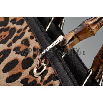 Gucci Bamboo Shopper Leather Small Tote Animal Print  607318