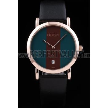 Gucci Polished Rose Gold Bezel Dark Green Dial Black Leather Strap