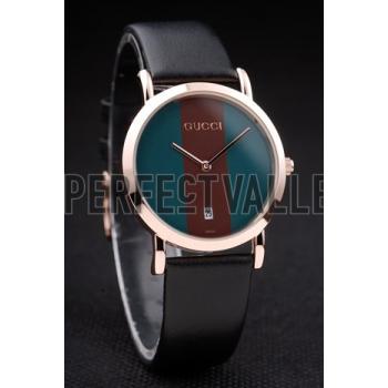 Gucci Polished Rose Gold Bezel Dark Green Dial Black Leather Strap