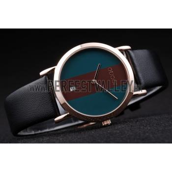 Gucci Polished Rose Gold Bezel Dark Green Dial Black Leather Strap