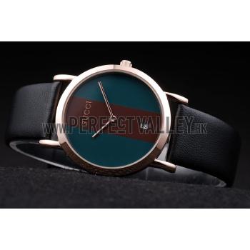 Gucci Polished Rose Gold Bezel Dark Green Dial Black Leather Strap