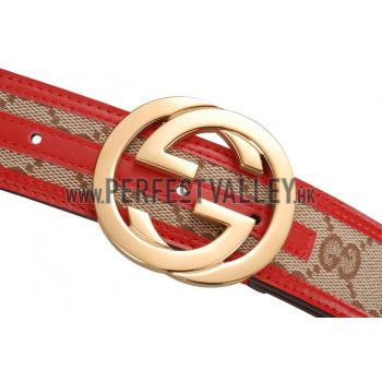 Gucci Red Leather Belt with Golden Interlocking G Buckle Replica