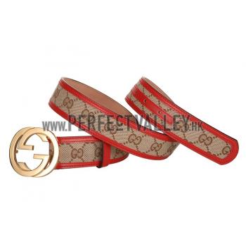 Gucci Red Leather Belt with Golden Interlocking G Buckle Replica