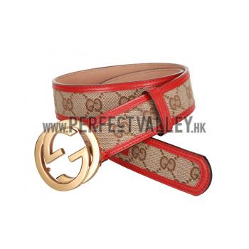 Gucci Red Leather Belt with Golden Interlocking G Buckle Replica