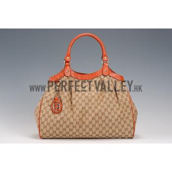 Gucci Sukey Large Tote Orange Trim Beige Fabric