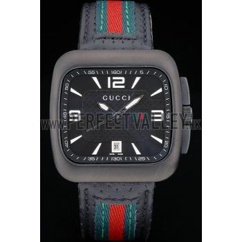 Cheap Gucci Black Leather Strap Black Ceramic Bezel Black Dial 80220