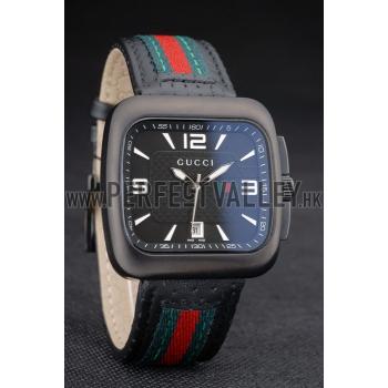 Cheap Gucci Black Leather Strap Black Ceramic Bezel Black Dial 80220