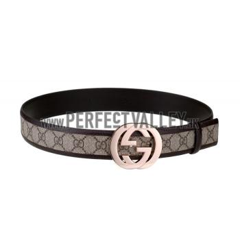 Gucci  Brown Leather Trim Interlocking Brass G Buckle Monogram Belt