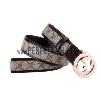 Gucci  Brown Leather Trim Interlocking Brass G Buckle Monogram Belt