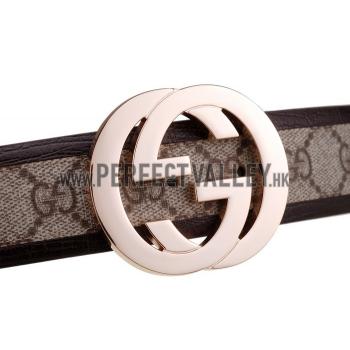 Gucci  Brown Leather Trim Interlocking Brass G Buckle Monogram Belt